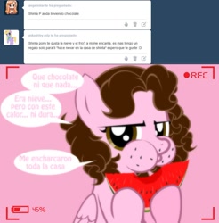 Size: 1236x1257 | Tagged: safe, artist:shinta-girl, imported from derpibooru, oc, oc only, oc:shinta pony, ask, eating, herbivore, solo, spanish, translated in the description, tumblr, watermelon