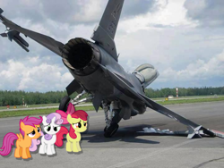 Size: 720x540 | Tagged: safe, artist:kartracer17, imported from derpibooru, apple bloom, scootaloo, sweetie belle, aircraft, cutie mark crusaders, f-16, f-16 fighting falcon, fail, irl, jet, jet fighter, photo, plane, ponies in real life