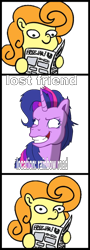 Size: 520x1442 | Tagged: safe, artist:colossalstinker, artist:muffinexplosion, imported from derpibooru, carrot top, golden harvest, twilight sparkle, pony, derp, exploitable meme, lost, meme, newspaper meme, twilight snapple