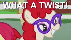 Size: 640x360 | Tagged: safe, imported from derpibooru, twist, earth pony, pony, female, filly, glasses, grin, image macro, looking at you, pun, reaction image, smiling, solo, solo focus, what a twist