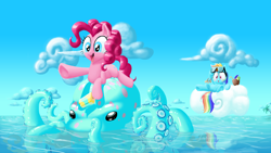 Size: 1920x1080 | Tagged: safe, artist:mick-o-maikeru, imported from derpibooru, pinkie pie, rainbow dash, octopus, animal, ocean, palm tree, riding, water