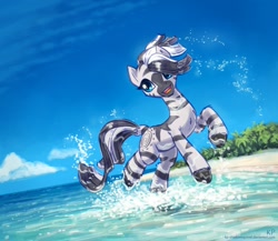 Size: 1500x1300 | Tagged: safe, artist:kp-shadowsquirrel, imported from derpibooru, zecora, zebra, beach, cute, female, missing accessory, ocean, open mouth, solo, splash, water, wet mane, zecorable