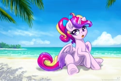 Size: 1500x1000 | Tagged: safe, artist:kp-shadowsquirrel, imported from derpibooru, princess cadance, alicorn, pony, beach, bow, cloud, female, hair bow, open mouth, ponytail, sand, sitting, sky, solo, water, younger