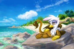 Size: 1500x1000 | Tagged: safe, artist:kp-shadowsquirrel, imported from derpibooru, gilda, griffon, beach, female, scenery, solo, sultry pose