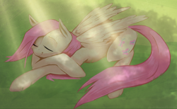 Size: 3500x2159 | Tagged: safe, artist:weisdrachen, imported from derpibooru, fluttershy, crepuscular rays, eyes closed, female, grass, high res, prone, resting, shade, sleeping, smiling, solo