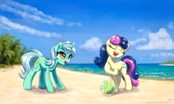 Size: 1500x900 | Tagged: safe, artist:kp-shadowsquirrel, imported from derpibooru, bon bon, lyra heartstrings, sweetie drops, earth pony, pony, unicorn, ball, beach, cloud, duo, eyes closed, female, mare, open mouth, sand, sky, water