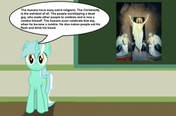 Size: 887x587 | Tagged: safe, imported from derpibooru, lyra heartstrings, undead, unicorn, zombie, adventure in the comments, chalkboard, christianity, human studies101 with lyra, jesus christ, meme, op is a duck, op is trying to start shit, resurrection