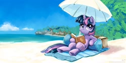 Size: 2000x1000 | Tagged: safe, artist:kp-shadowsquirrel, imported from derpibooru, twilight sparkle, pony, unicorn, beach, book, cloud, female, looking at you, mare, sand, sky, smiling, solo