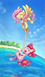 Size: 1000x1700 | Tagged: safe, artist:kp-shadowsquirrel, imported from derpibooru, fluttershy, pinkie pie, earth pony, pegasus, pony, beach, carrying, cloud, eyes closed, female, flying, hanging, mare, open mouth, rope, sand, scenery, sky, water