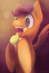 Size: 800x1200 | Tagged: safe, artist:wolfiedrawie, imported from derpibooru, scootaloo, eating, female, ice cream, messy eating, solo