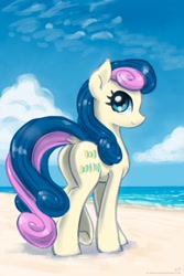 Size: 1200x1800 | Tagged: safe, artist:kp-shadowsquirrel, imported from derpibooru, bon bon, sweetie drops, earth pony, pony, beach, bon butt, butt, cloud, dock, female, looking at you, mare, plot, sand, sky, smiling, solo, water