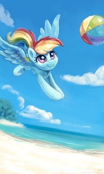 Size: 1200x2000 | Tagged: safe, artist:kp-shadowsquirrel, imported from derpibooru, rainbow dash, pegasus, pony, ball, beach, beach ball, cloud, female, mare, nudity, sand, sky, smiling, solo, water