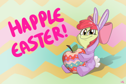 Size: 2400x1600 | Tagged: safe, artist:docwario, imported from derpibooru, apple bloom, pony, apple, bunny bloom, bunny costume, clothes, easter, female, solo, text