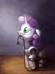 Size: 966x1289 | Tagged: safe, artist:cannibalus, imported from derpibooru, sweetie belle, pony, robot, robot pony, unicorn, charging, cute, diasweetes, female, filly, floppy ears, foal, frown, hooves, horn, looking up, mouth hold, plug, recharging, sad, solo, sweetie bot, thunder struck, us plug
