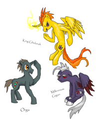 Size: 1024x1276 | Tagged: safe, artist:sethhm, imported from derpibooru, alicorn, kaiju pony, pegasus, pony, unicorn, gigan, godzilla (series), king ghidorah, orga, ponified