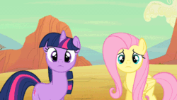 Size: 500x281 | Tagged: safe, imported from derpibooru, fluttershy, twilight sparkle, pegasus, pony, unicorn, smile hd, animated, animated actors, behind the scenes, caption, dialogue, female, fourth wall, mare, unicorn twilight