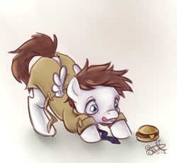 Size: 750x689 | Tagged: safe, artist:ida mikkonen, artist:uppun, imported from derpibooru, pegasus, pony, burger, castiel, clothes, food, hamburger, licking, licking lips, necktie, ponified, solo, supernatural, tongue out