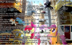 Size: 2432x1520 | Tagged: safe, imported from derpibooru, apple bloom, applejack, derpy hooves, dinky hooves, fluttershy, pinkie pie, prince blueblood, queen chrysalis, rainbow dash, rarity, scootaloo, sunset shimmer, sweetie belle, trixie, twilight sparkle, pegasus, pony, birthday game, exploitable meme, female, mare, pinkamena diane pie