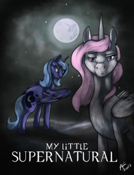 Size: 900x1180 | Tagged: safe, artist:baisre, imported from derpibooru, princess celestia, princess luna, poster, supernatural