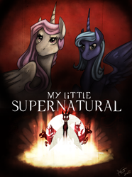 Size: 1024x1379 | Tagged: safe, artist:baisre, imported from derpibooru, princess celestia, princess luna, crossover, poster, supernatural