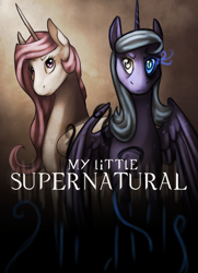 Size: 1024x1412 | Tagged: safe, artist:baisre, imported from derpibooru, princess celestia, princess luna, crossover, parody, poster, supernatural