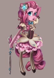 Size: 2044x2946 | Tagged: safe, artist:my-magic-dream, imported from derpibooru, pinkie pie, anthro, bipedal, bow, clothes, dress, female, gun, magical girl, musket, open mouth, solo, stockings, thigh highs, weapon
