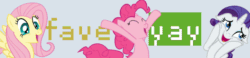 Size: 900x210 | Tagged: safe, imported from derpibooru, fluttershy, pinkie pie, rarity, earth pony, pegasus, pony, unicorn, derpibooru, animated, eyes closed, faves, female, hooves up, meta, open mouth, reaction image, seizure warning, shaking, smiling, squishy cheeks, text, trio, vibrating, yay