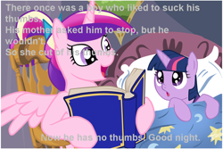 Size: 1024x683 | Tagged: safe, artist:zetared, imported from derpibooru, princess cadance, twilight sparkle, alicorn, pony, unicorn, bed, bedtime story, book, cadance's bedtime stories, duo, exploitable meme, family guy, filly, horn, image macro, looking up, meme, reading, struwwelpeter, text, thumb, thumbs, wings, younger