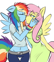 Size: 791x908 | Tagged: safe, artist:blup-chan, imported from derpibooru, fluttershy, rainbow dash, anthro, belly button, clothes, dress, female, flutterdash, kissing, lesbian, midriff, shipping, short shirt, simple background, t-shirt, thick eyebrows, transparent background