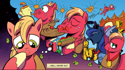 Size: 1036x580 | Tagged: safe, idw, imported from derpibooru, big macintosh, princess luna, pumpkin cake, earth pony, pony, spoiler:comic, carrot dog, clothes, eating, food, lunamac, magic shirt, male, medal, shipping, stallion, straight, t-shirt, tongue out, trampoline, trophy