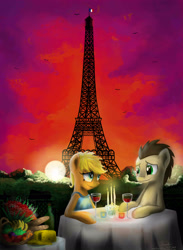 Size: 2200x3000 | Tagged: safe, artist:sweeterwho, imported from derpibooru, doctor whooves, time turner, oc, bread, candle, canon x oc, eiffel tower, female, food, glass, little rouge, male, paris, shipping, straight, sunset, szelma