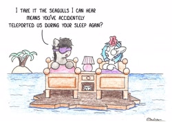 Size: 2294x1634 | Tagged: safe, artist:bobthedalek, imported from derpibooru, dj pon-3, octavia melody, vinyl scratch, earth pony, pony, unicorn, bed, bed mane, dialogue, duo, female, funny, island, lamp, magic, messy mane, ocean, sleep mask, teleportation, teleportation mishap, traditional art