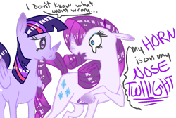 Size: 941x634 | Tagged: safe, artist:matthullum, imported from derpibooru, rarity, twilight sparkle, rhinoceros, crying, dialogue, eye contact, floppy ears, looking at each other, raised hoof, simple background, species swap, starry eyes, transparent background, twilight sparkle (alicorn), twinoceros, unshorn fetlocks, wavy mouth, wide eyes, wingding eyes