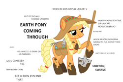 Size: 1200x797 | Tagged: safe, artist:lauren faust, artist:lovingtolerance, edit, imported from derpibooru, applejack, earth pony, pony, caption, crops, earth pony master race, extreme, extreme advertising, female, glorious master race, hardcore, hat, image macro, mare, mirrored, mouthpiece, mud, mud pony, out of character, peasant coming through, shovel, simple background, solo, swerve, text, trowel, vulgar, white background