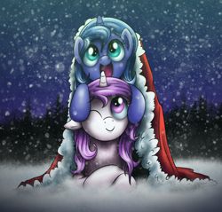 Size: 1200x1146 | Tagged: safe, artist:xioade, imported from derpibooru, princess celestia, princess luna, alicorn, pony, cewestia, cute, filly, happy, luna riding celestia, pink-mane celestia, ponies riding ponies, prone, riding, s1 luna, snow, snowfall, sparkling eyes, sparkly eyes, winter, woona