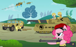 Size: 1024x640 | Tagged: safe, artist:a4r91n, artist:jackthebrony, imported from derpibooru, applejack, carrot top, derpy hooves, golden harvest, pinkie pie, rainbow dash, earth pony, pegasus, pony, ch-47 chinook, command and conquer, crossover, female, global defense initiative, gun, hmmwv, humvee, mammoth tank, mare, military, orca assault craft, shotgun, tank (vehicle), tiberian dawn, vehicle, weapon