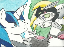 Size: 1024x757 | Tagged: safe, artist:slanderoptim7th, imported from derpibooru, shining armor, oc, changeling, traditional art, vendetta