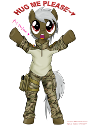 Size: 3000x4300 | Tagged: safe, artist:orang111, imported from derpibooru, oc, oc only, earth pony, pony, bipedal, cute, free hugs, hug, korean, military uniform, solo, us army