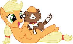 Size: 10065x6000 | Tagged: safe, artist:mactavish1996, imported from derpibooru, applejack, winona, dog, absurd resolution, filly, happy, puppy, simple background, transparent background, vector