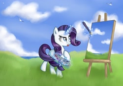 Size: 3000x2093 | Tagged: dead source, safe, artist:vird-gi, imported from derpibooru, rarity, bird, pony, seagull, unicorn, easel, female, magic, paintbrush, painting, palette, plein air, solo, tongue out