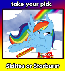 Size: 600x658 | Tagged: safe, imported from derpibooru, rainbow dash, obligatory pony, skittles, starburst (candy)