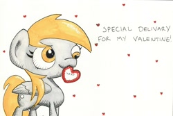 Size: 1193x796 | Tagged: safe, artist:getchanoodlewet, imported from derpibooru, derpy hooves, pegasus, pony, female, heart, mare, mouth hold, solo, valentine