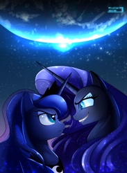 Size: 1799x2451 | Tagged: safe, artist:skyart301, artist:skyline19, idw, imported from derpibooru, nightmare rarity, princess luna, pony, female, looking at each other, mare, smiling