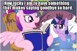 Size: 400x266 | Tagged: safe, artist:zetared, edit, imported from derpibooru, princess cadance, twilight sparkle, alicorn, pony, unicorn, bed, bedtime story, book, cadance's bedtime stories, duo, exploitable meme, filly, horn, image macro, looking up, meme, reading, wings, winnie the pooh, younger