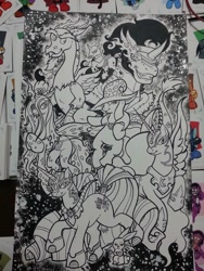 Size: 720x960 | Tagged: safe, artist:therealjoshlyman, artist:vest, idw, imported from derpibooru, angel bunny, discord, king sombra, nightmare moon, nightmare rarity, queen chrysalis, trixie, changeling, antagonist, cover, duality, traditional art