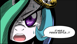 Size: 1077x624 | Tagged: safe, artist:crimsonbugeye, imported from derpibooru, princess celestia, adventure in the comments, cropped, female, looking at you, solo, speech bubble, sweat