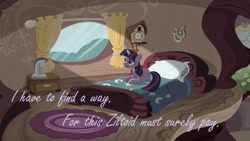 Size: 640x360 | Tagged: safe, edit, edited screencap, imported from derpibooru, screencap, twilight sparkle, pony, unicorn, magical mystery cure, bed, devin townsend, female, lying down, lyrics, mare, pillow, prone, solo, song, song reference, text, unicorn twilight, window, ziltoid the omniscient