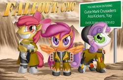 Size: 1700x1100 | Tagged: safe, artist:berrypawnch, imported from derpibooru, apple bloom, scootaloo, sweetie belle, pony, fallout equestria, bipedal, clothes, crossover, cutie mark crusaders, fallout, sign