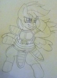 Size: 706x958 | Tagged: safe, artist:blackbewhite2k7, imported from derpibooru, rainbow dash, pegasus, pony, armor, bipedal, crossover, dragon ball, dragon ball z, female, fighting stance, mare, parody, sketch, solo, traditional art, vegeta, wip