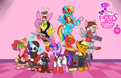 Size: 1477x949 | Tagged: safe, artist:metal-kitty, imported from derpibooru, angel bunny, applejack, big macintosh, derpy hooves, fluttershy, pinkie pie, rainbow dash, rarity, spike, twilight sparkle, alicorn, earth pony, pegasus, pony, unicorn, bunny ears, dangerous mission outfit, demo jack, demoman, derpy soldier, engie pie, engineer, female, flying, glasses, glowing horn, goggles, gun, hat, heavy, heavy mac, heavy weapons guy, hooves, horn, levitation, machine gun, magic, male, mane seven, mane six, mare, medic, open mouth, optical sight, pyro, rainbow scout, rarispy, red team, rifle, scout, sniper, sniper rifle, snipershy, soldier, spike pyro, spread wings, spy, stallion, team fortress 2, telekinesis, text, twi medic, twilight sparkle (alicorn), weapon, wings